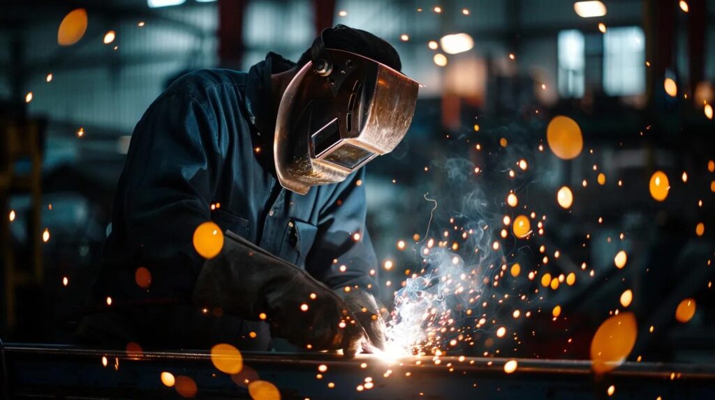 A close-up, dramatic shot of a welder in a dark shop, sparks flying as they craft a custom modern steel handrail. The focus is on the precision of the weld.