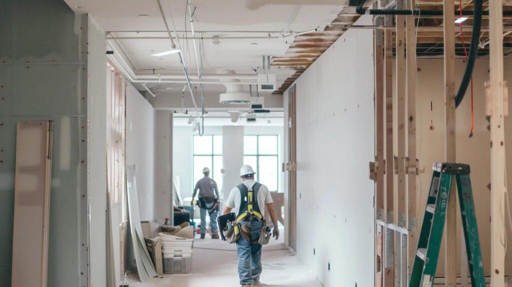 An interior shot of a commercial office undergoing a high-end remodel. Visible metal studs, clean drywall installation, and a team of workers in safety gear using modern laser leveling tools.