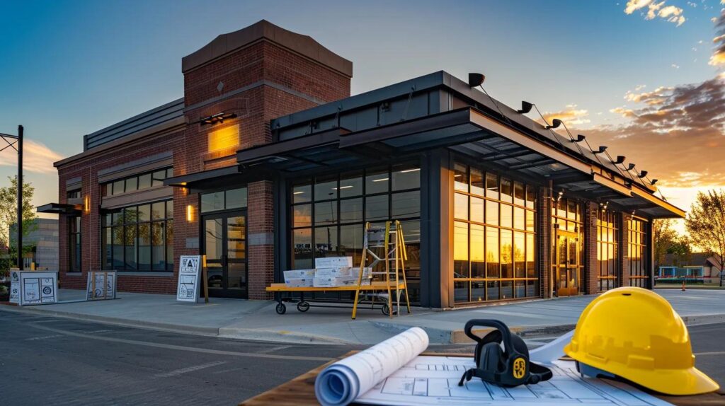 A wide-angle, high-resolution shot of a modern commercial storefront in Oklahoma City at sunset. The building features clean brick masonry, large glass windows, and a sleek custom black metal awning. Construction blueprints and a hard hat are visible on a table in the foreground to represent professional planning.