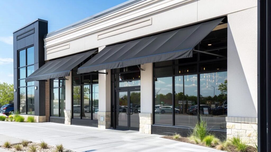A stylish, modern storefront in a suburban Oklahoma City shopping center featuring a custom-fabricated black aluminum awning that provides deep shade over the large glass windows.