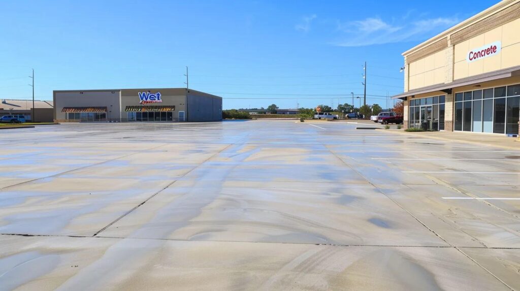 A clean, freshly poured concrete parking lot for a commercial business in Oklahoma, showing smooth finishing and perfect expansion joints. A "Wet Concrete" sign is visible in the distance.