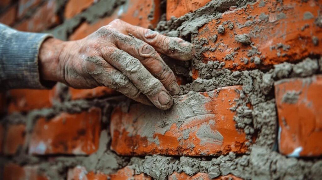 A close-up, detailed shot of a skilled mason’s hands expertly applying fresh mortar between red bricks on a commercial building wall. The lighting is sharp, showing the texture of the stone and the precision of the work.