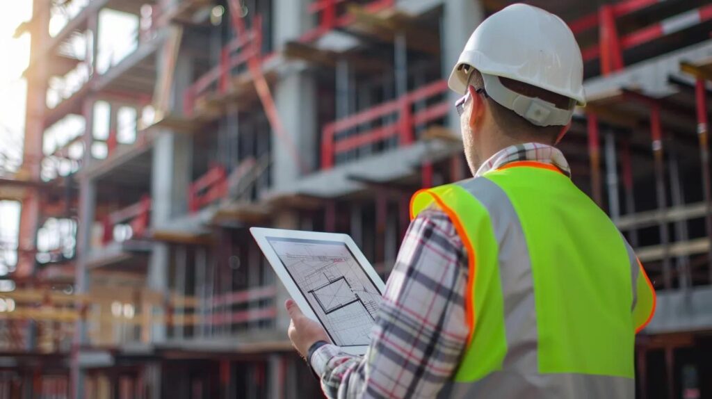 A professional project manager in a white hard hat and high-visibility vest standing on a construction site in OKC, holding a digital tablet and reviewing architectural plans with the building structure in the background.