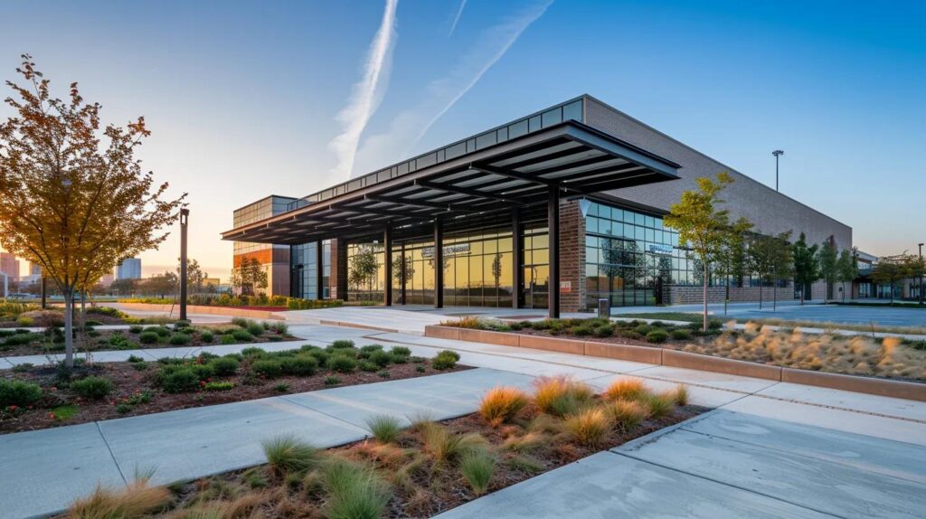 A high-resolution, wide-angle shot of a modern commercial building in Oklahoma City during the golden hour. The building features clean masonry, a sleek black metal canopy over the entrance, and perfectly paved concrete walkways. In the background, a subtle view of the OKC skyline under a clear blue sky. Professional and inviting.