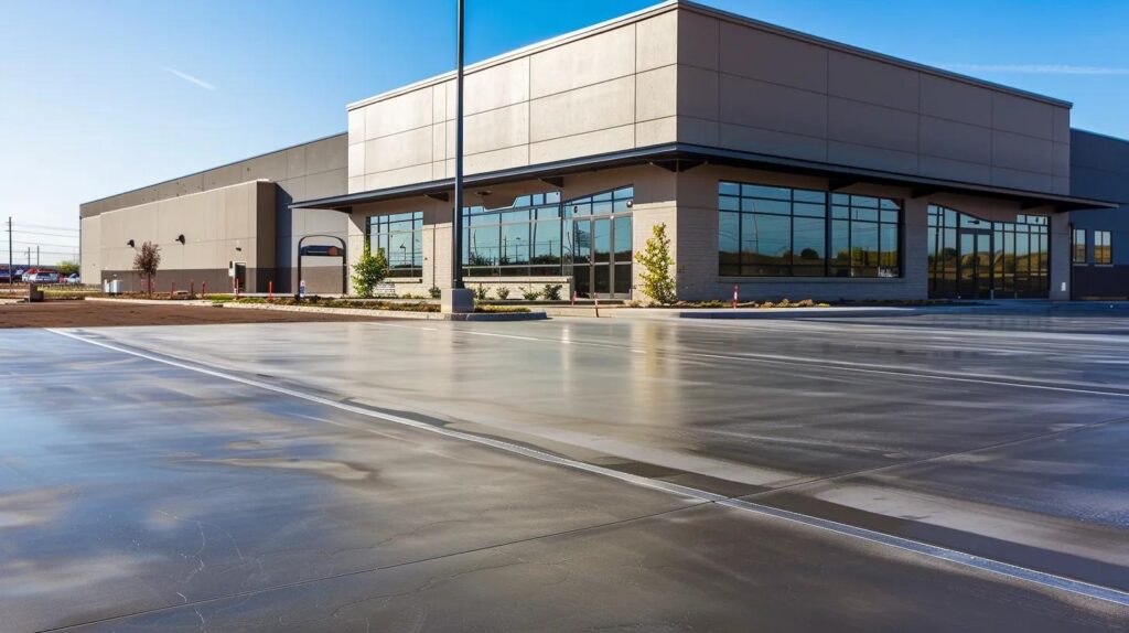 A professional shot of a freshly poured, smooth concrete parking lot in front of a modern Oklahoma business. The concrete is perfectly leveled with clean expansion joints.