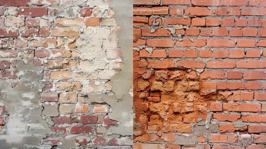 A split-screen Before and After style photo. The left side shows a weathered brick wall with crumbling mortar. The right side shows the same wall expertly repaired with fresh, clean mortar joints and vibrant red brick.