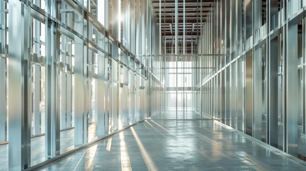 An interior shot of a commercial building under construction showing perfectly aligned silver metal studs (steel framing). Light streams through the gaps, highlighting the precision and industrial strength of the build.