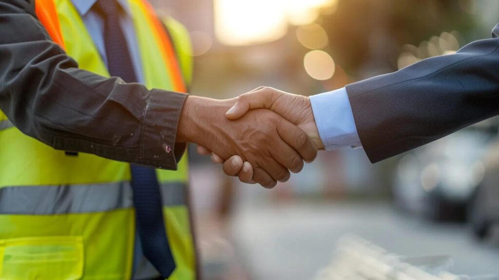 A close-up, high-quality image of two professionals shaking hands on a construction site. One is a business owner in a suit, the other is a contractor in a safety vest. A clean, organized job site is visible in the background.