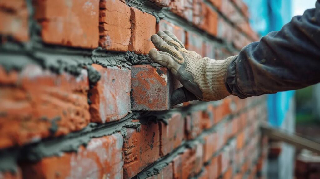 A skilled mason in professional gear carefully laying bricks on a commercial wall in Oklahoma City. The focus is on the precision of the mortar joints and the texture of the red brick.