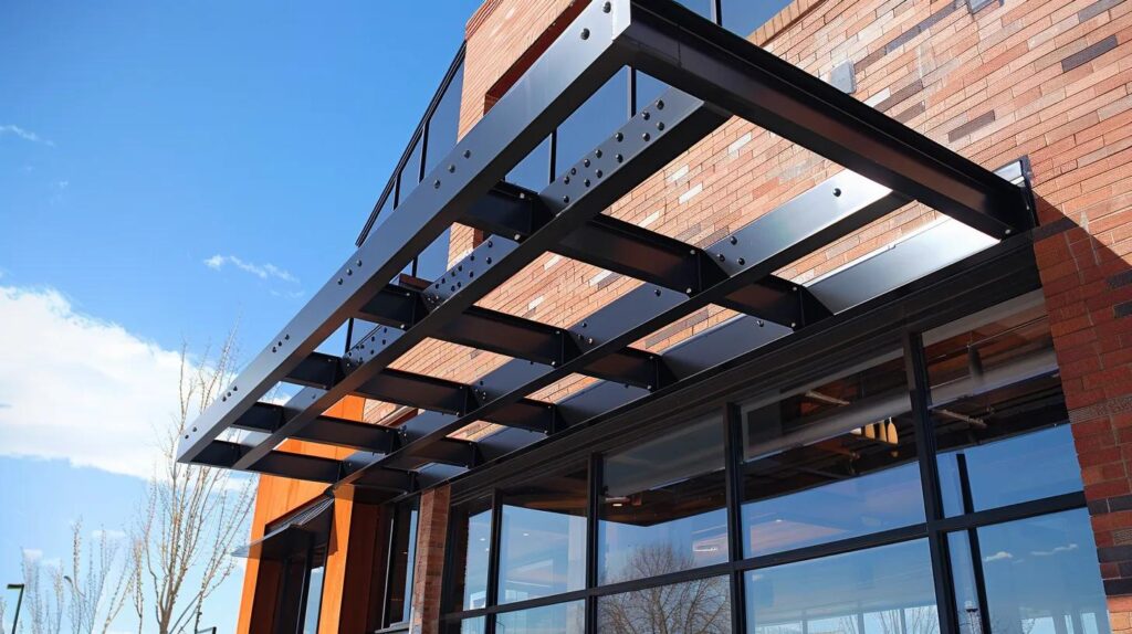 A close-up architectural shot of a custom-fabricated steel canopy over a modern restaurant entrance in OKC. The metalwork should show high-quality welds and a sleek powder-coated finish.