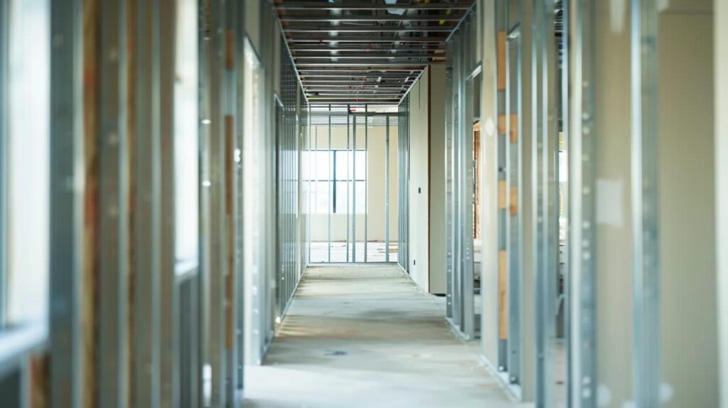 An interior shot of a high-end office remodeling project in progress. Sharp focus on metal stud framing and perfectly finished drywall. Bright, clean, professional construction environment.