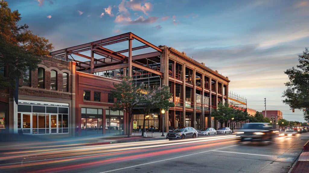 A time-lapse style composite photo showing an Oklahoma City street transitioning from an old brick building to a modern, renovated commercial space with steel framing visible in one section.