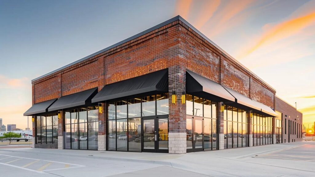 A professional, wide-angle cinematic shot of a modern commercial storefront in Oklahoma City during the golden hour. The building features clean brick masonry, a custom black metal awning, and large glass windows. In the background, a subtle OKC skyline is visible. The image should look realistic, high-resolution, and convey quality construction.