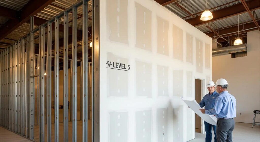 A wide-angle, professional photograph inside a newly constructed, well-lit commercial building in Oklahoma City. The image should feature a blend of structural elements: a section of exposed steel metal framing (metal studs) next to a section of pristine white drywall with a Level 5 finish. In the background, a skilled contractor wearing a hard hat reviews a blueprint with a business owner (dressed professionally). The scene should convey competence, quality, and specialized construction services. Warm, modern lighting.