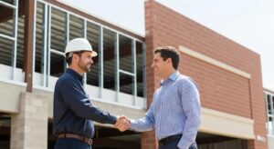 A professional, slightly wide-angle photo showing two individuals (a construction manager in a hardhat shaking hands with a client in business casual attire) standing in front of a partially completed, modern commercial building in Oklahoma City. The background should clearly feature structural elements: a section of exposed steel/metal framing and a neat wall section of red/tan brick masonry work. The sky is bright and clear, emphasizing professionalism and new construction. The overall style is realistic, professional stock photography.