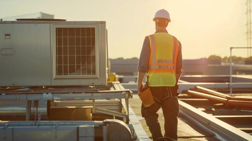 A professional contractor in a high-visibility vest and hardhat inspecting the rooftop of an industrial building in Oklahoma City. He is checking a large HVAC unit and the structural framing. The sun is bright, and the overall vibe is one of proactive maintenance and safety.