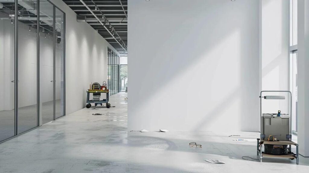 A bright, clean commercial office interior under renovation. One wall shows perfectly finished, smooth white drywall, while a professional painter is using a roller on the adjacent wall with a modern grey color. The space looks organized and professional.