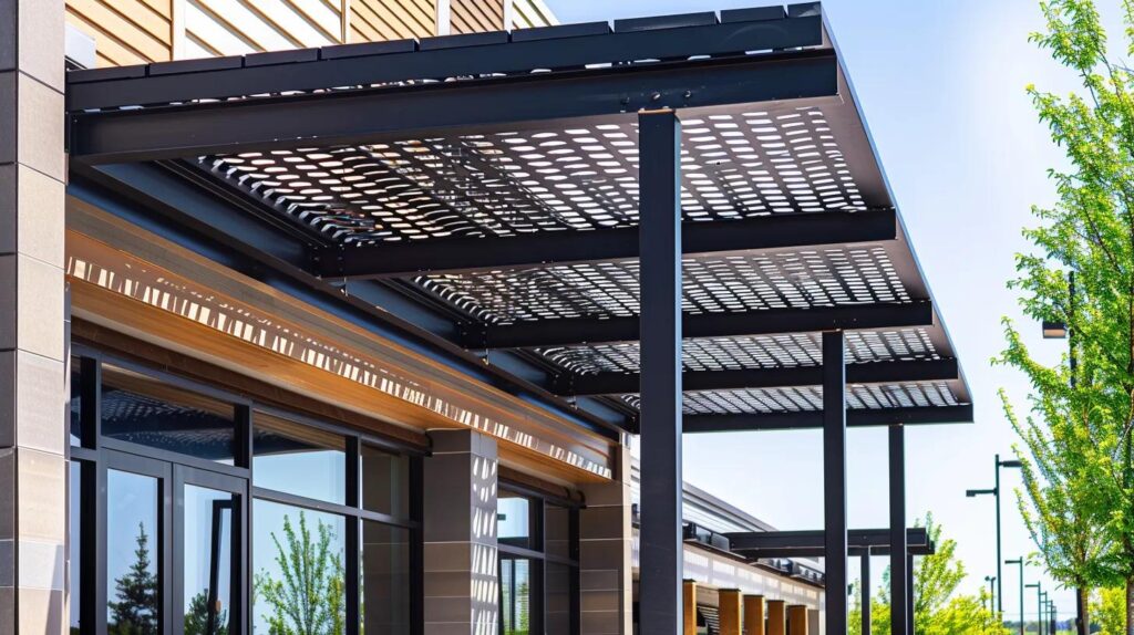 An architectural shot of a stylish black custom metal awning installed over a modern restaurant entrance in a suburban OKC shopping center. The metalwork is intricate and sturdy. Sunlight filters through, showing the shade it provides.
