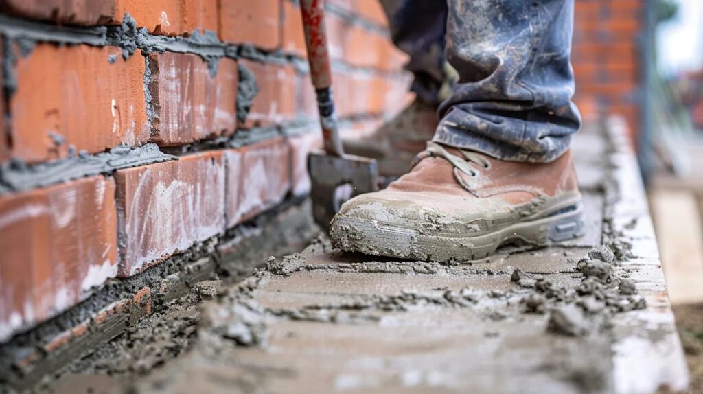 A close-up, realistic photo of a skilled mason expertly laying red bricks on a commercial wall in Oklahoma City. The mortar is fresh, and the tools (trowel, level) are visible. Next to the wall, a freshly poured, smooth concrete walkway is visible, showing high-quality craftsmanship.
