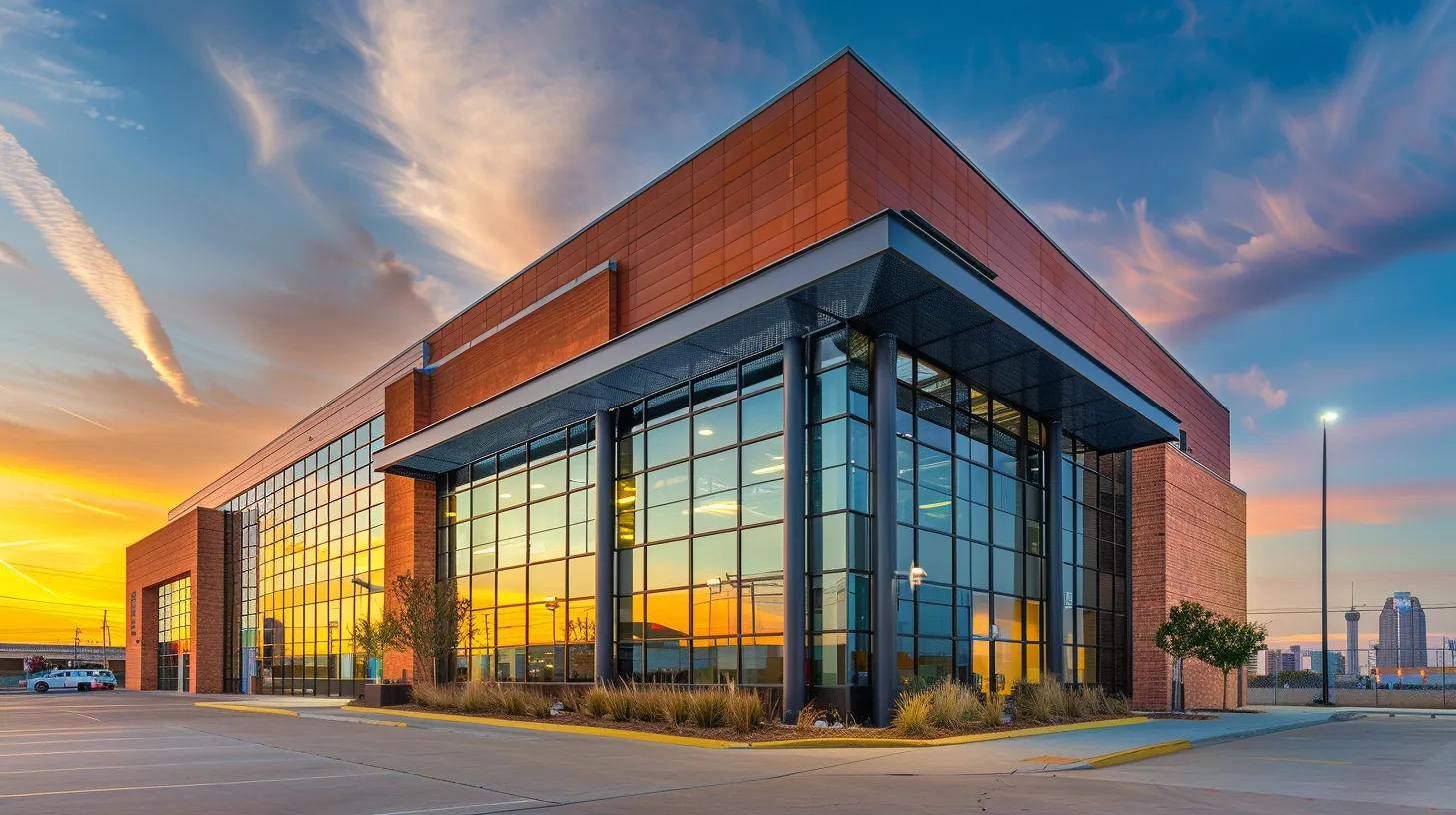 A professional, high-resolution wide-angle shot of a modern commercial building in downtown Oklahoma City during golden hour. The building features a mix of clean masonry, large glass windows, and a custom metal canopy. In the background, the OKC skyline is visible. The image should look realistic, clean, and convey high-quality construction.