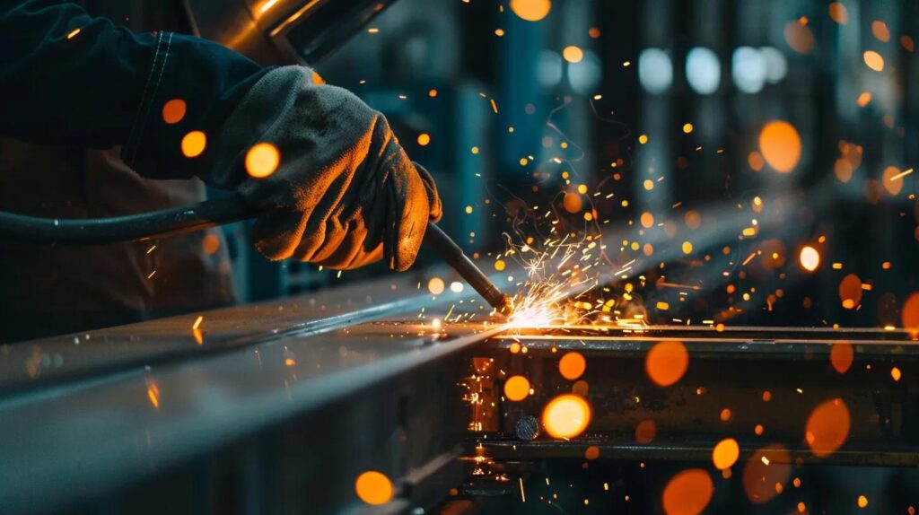 A welder in a professional shop in Oklahoma City, sparks flying as they work on a custom steel handrail. The focus is on the craftsmanship and the glowing orange light of the weld. Industrial and energetic.