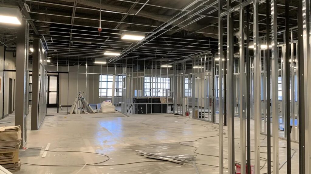 An interior shot of a commercial office space under renovation. It shows the clean lines of metal stud framing and partially installed drywall. The space is organized and professional, showing progress and precision.