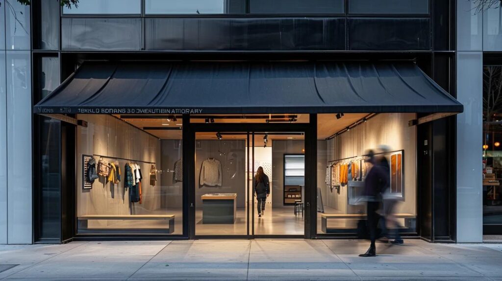 A sleek, modern retail storefront featuring a dark canvas retractable awning and a permanent metal canopy over the entrance. Customers are walking underneath. The focus is on the architectural lines of the metalwork.