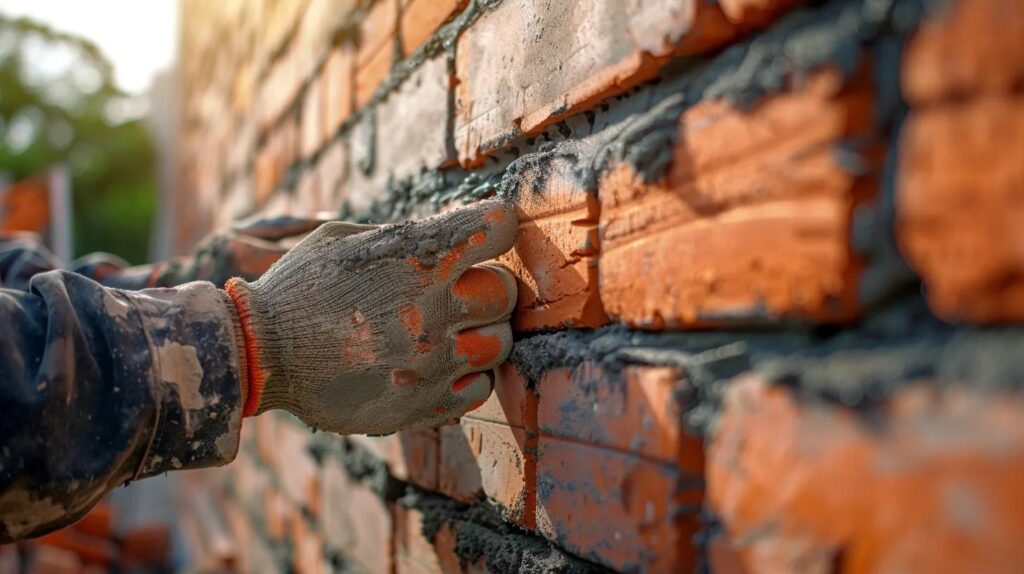 A close-up shot of a construction worker’s hands skillfully tuck-pointing red brick mortar on a commercial wall. The sun is shining, and you can see the texture of the Oklahoma stone and brick. Professional, industrial, high-contrast.
