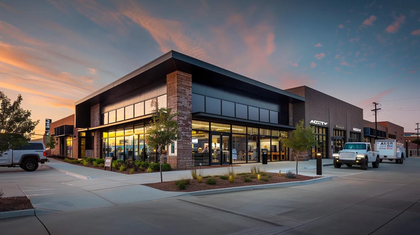 A professional wide-angle shot of a modern commercial building in Oklahoma City during golden hour. The image shows a clean storefront with a custom black metal awning, freshly paved concrete sidewalks, and pristine brick masonry. In the background, a subtle ACME Oklahoma branded truck is parked. High-resolution, architectural photography style.