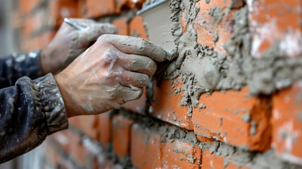 A close-up, action shot of a skilled mason’s hands carefully applying fresh mortar to a red brick wall, paired with a shot of a drywall finisher using a trowel for a smooth Level 5 finish., and happy customers dining underneath.