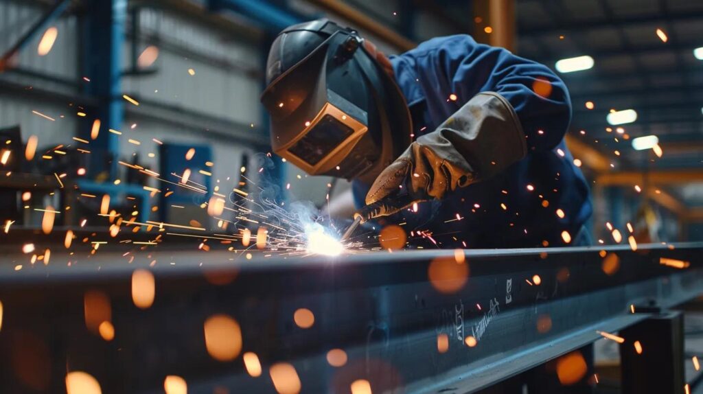 A cinematic shot of a welder working on a custom commercial handrail, with orange sparks flying in a controlled workshop environment. The background shows finished metal canopies ready for installation.
