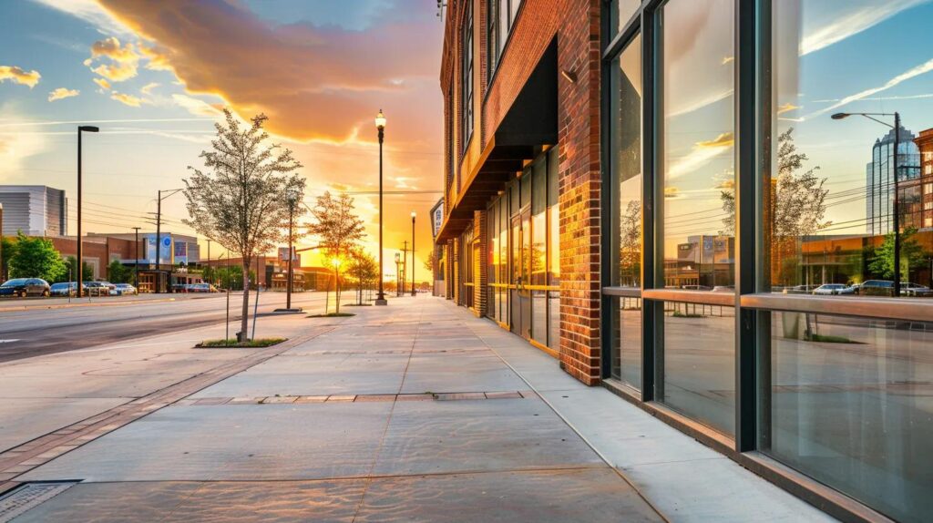 A high-resolution, wide-angle shot of a modern commercial building in downtown Oklahoma City during the golden hour. The building features a mix of professional brick masonry and sleek metal awnings, with a clean concrete sidewalk in the foreground. No people, focus on architectural details and the OKC skyline in the distance.