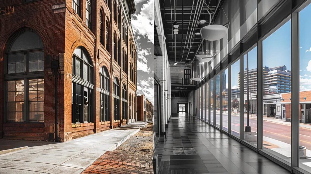 A split-screen style image showing an old historic brick building in OKC on one side and its modern, renovated Resimercial interior on the other. High contrast, sharp focus.