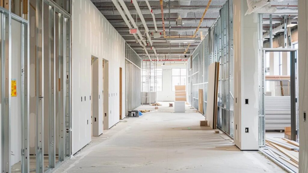An interior shot of a large commercial office space in mid-renovation. Showcases perfectly installed metal studs and fresh drywall being finished by a professional. Bright, clean construction environment.