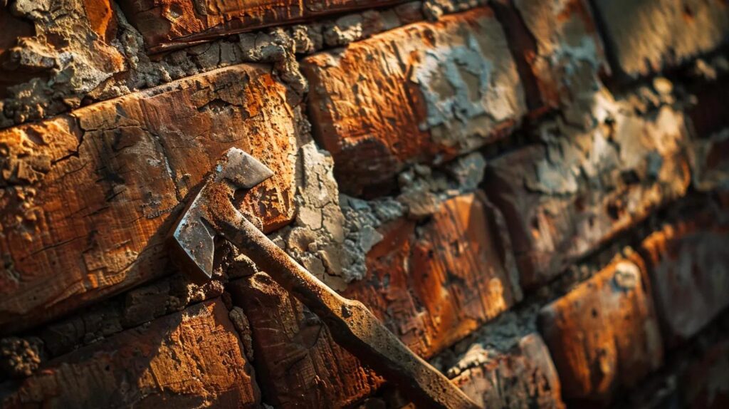 A detailed, realistic photo of a skilled mason expertly tuckpointing a historic red brick wall in Oklahoma City. Close-up on the tools and the clean mortar joints. Natural sunlight.