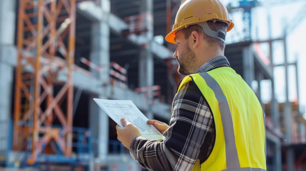 A realistic close-up photo of a professional contractor in a hard hat and safety vest reviewing blueprints on a digital tablet at an active Oklahoma City commercial construction site. Background shows steel framing and cranes.