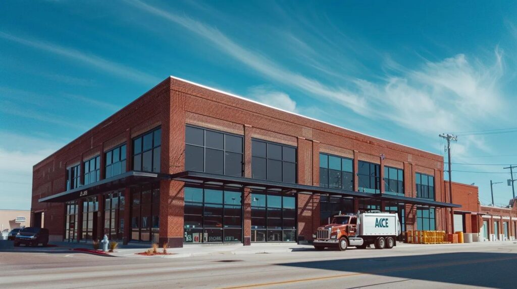 A wide-angle, high-resolution realistic photo of a modern commercial building in downtown Oklahoma City with a clean brick facade and a custom black metal awning. Blue sky background, professional construction truck with a subtle ACME logo parked nearby. 8k resolution, cinematic lighting.