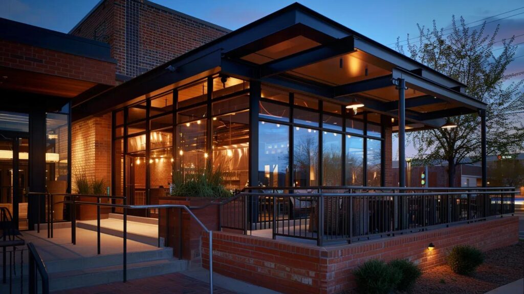 A realistic photo of a stylish modern restaurant storefront in OKC featuring a custom-fabricated metal canopy and sleek handrails. urban setting, evening lighting.