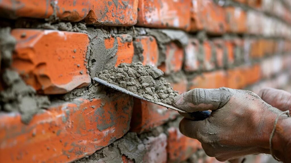 A close-up of a skilled mason’s hands using a trowel to apply fresh mortar to a red brick wall. The mortar is a perfect match. Authentic construction site setting in Oklahoma.