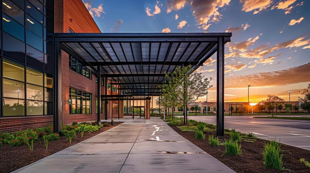 A high-quality, wide-angle professional photograph of a modern commercial building in Oklahoma City during the 'golden hour.' The building features clean brick masonry, a custom black metal canopy over the entrance, and a perfectly paved concrete walkway. Sharp focus, architectural photography style.