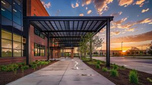 A high-quality, wide-angle professional photograph of a modern commercial building in Oklahoma City during the 'golden hour.' The building features clean brick masonry, a custom black metal canopy over the entrance, and a perfectly paved concrete walkway. Sharp focus, architectural photography style.