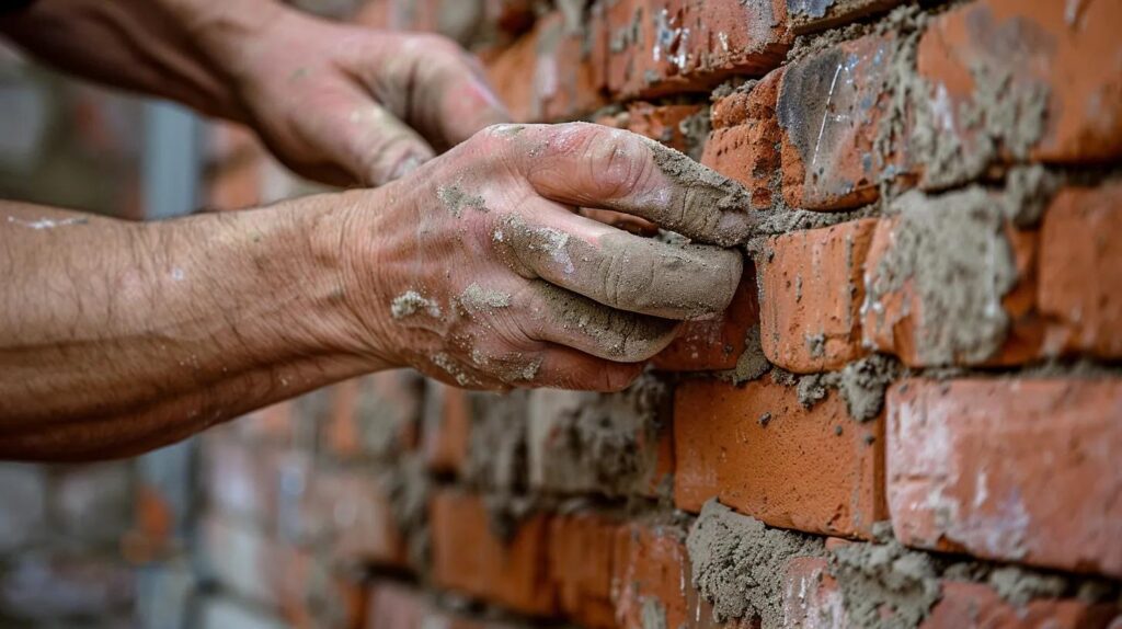 Close-up of a skilled mason’s hands carefully tuck-pointing a red brick wall with fresh mortar. The focus is on the texture of the brick and the precision of the tool. High-quality craftsmanship photography.
