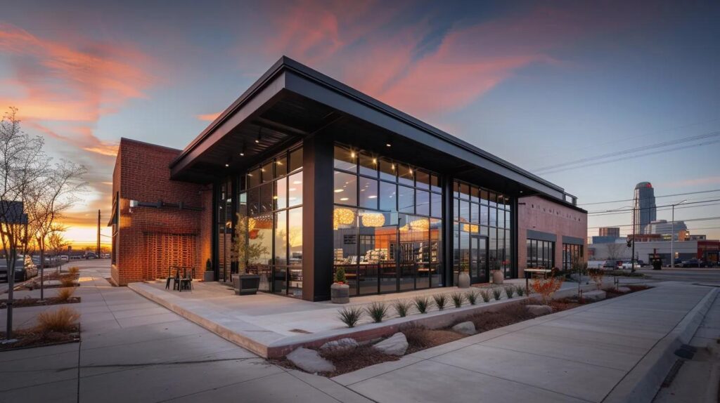 A wide-angle, high-resolution photo of a modern commercial storefront in Oklahoma City during the golden hour. The building features a sleek black custom metal awning, professional brick masonry, and large clean windows. In the background, a subtle view of the OKC skyline. Sharp detail, architectural photography style.