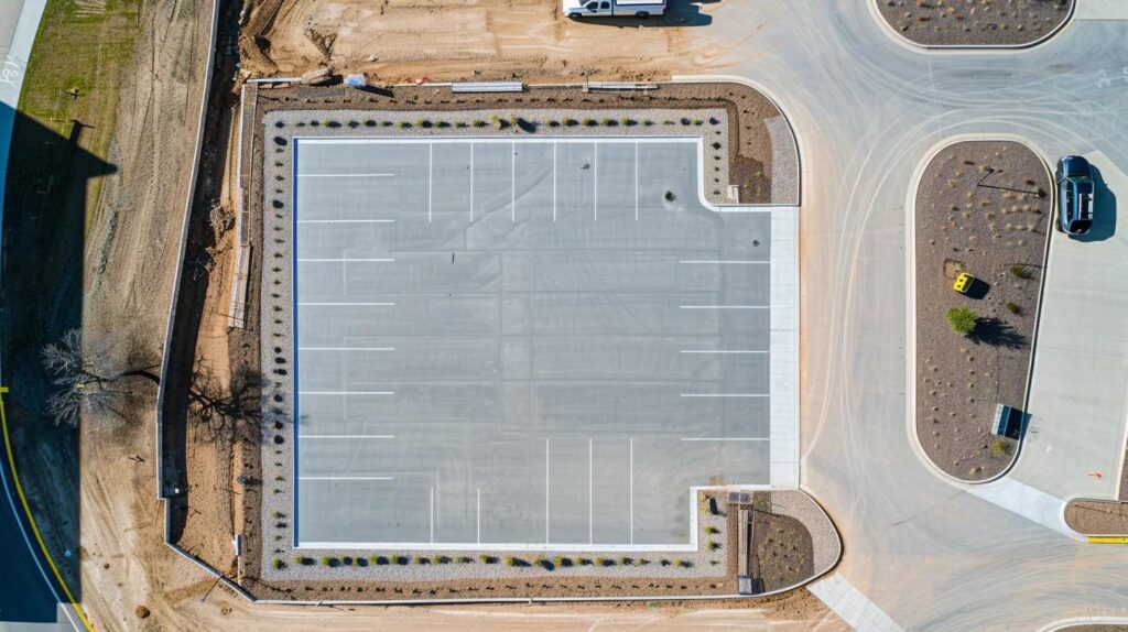 A bird’s-eye view of a freshly poured and leveled concrete parking lot for a commercial business in Edmond, OK. The concrete is perfectly smooth with crisp expansion joints, and the surrounding landscaping is neat and professional.