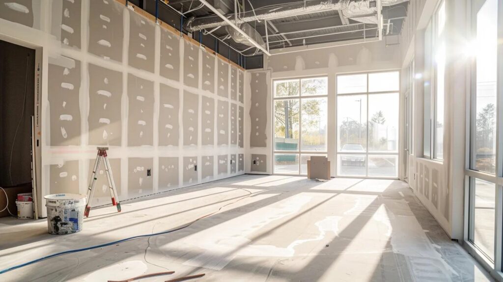 An interior shot of a spacious commercial office under renovation. One wall shows perfectly smooth, finished drywall ready for paint, while another shows the meticulous taping and mudding process. Natural light streams in through large windows.