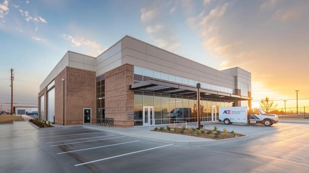 A professional, wide-angle shot of a clean, modern commercial building in Oklahoma City during the golden hour. The image should showcase a mix of expert masonry, a custom metal awning over the entrance, and a perfectly paved concrete parking lot. The ACME company logo is subtly visible on a service truck parked nearby.
