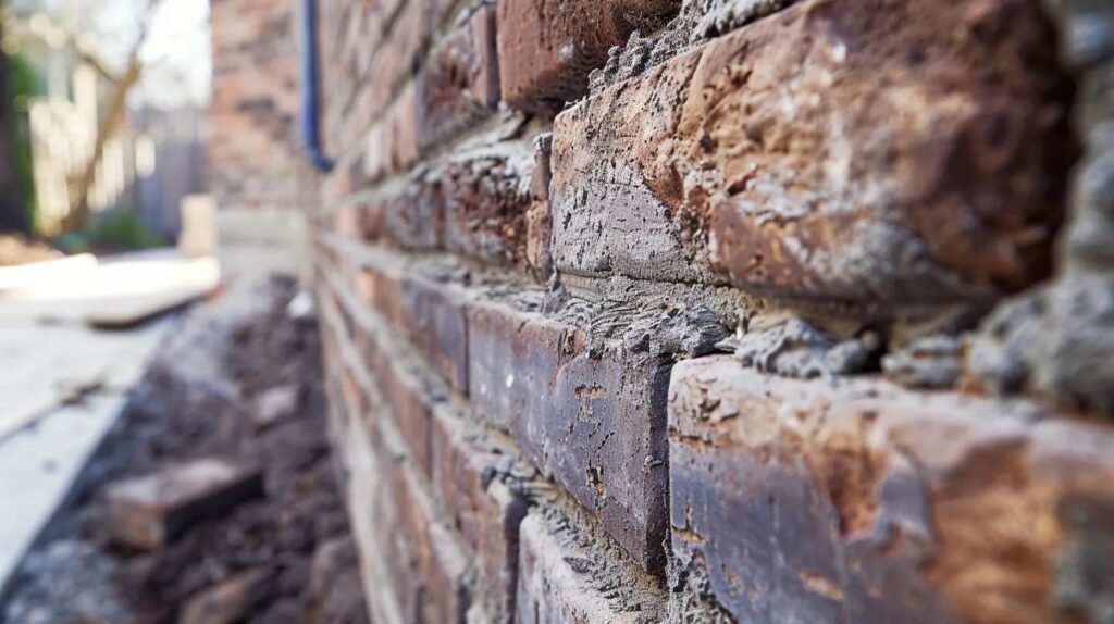 A close-up, high-detail photo of a skilled mason expertly tuckpointing a brick wall. The mortar is clean, and the bricks look restored. In the background, a smooth, newly poured concrete sidewalk is visible.