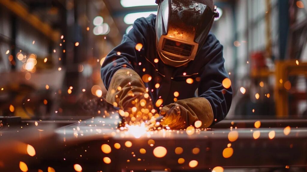 An industrial-chic photo of a welder in protective gear creating sparks while working on a custom metal handrail. The focus is on the craftsmanship and the glowing orange sparks against a cool-toned workshop background.