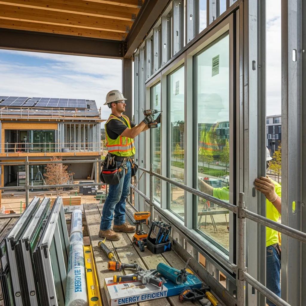 Installer fitting high-performance windows to improve building efficiency
