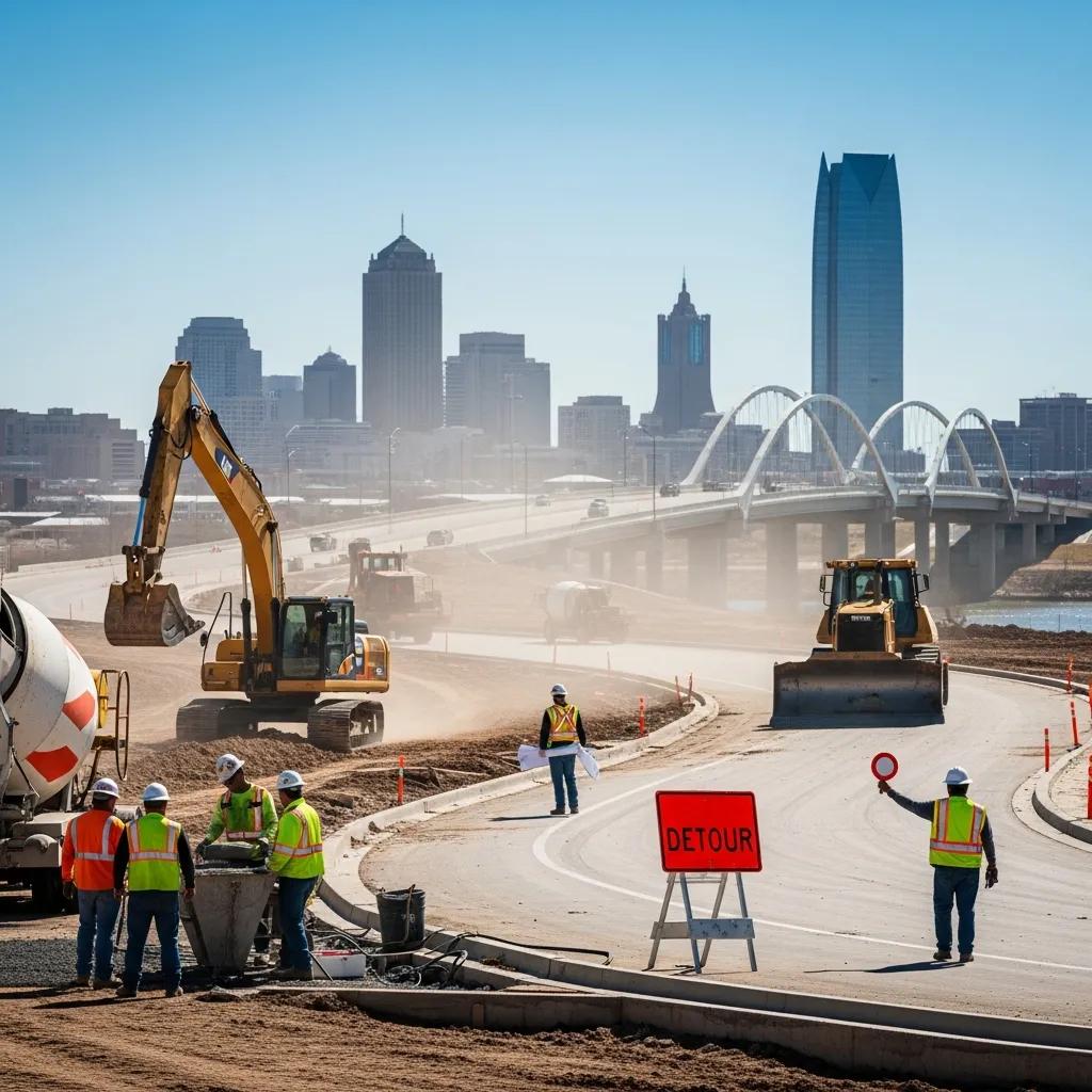 Construction workers and machinery at a road construction site in Oklahoma City